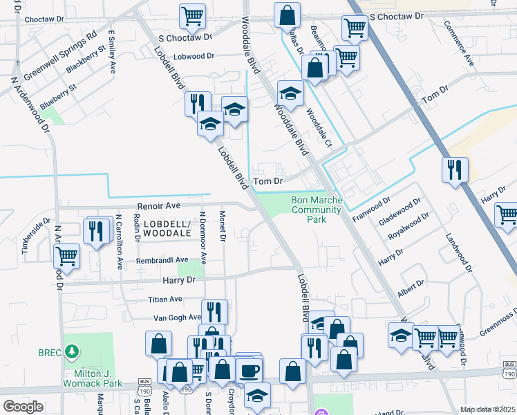 map of restaurants, bars, coffee shops, grocery stores, and more near 7240 Renoir Avenue in Baton Rouge