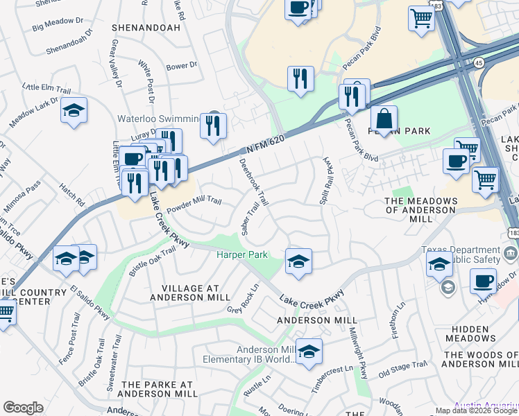 map of restaurants, bars, coffee shops, grocery stores, and more near 12310 Rustic Manor Court in Austin