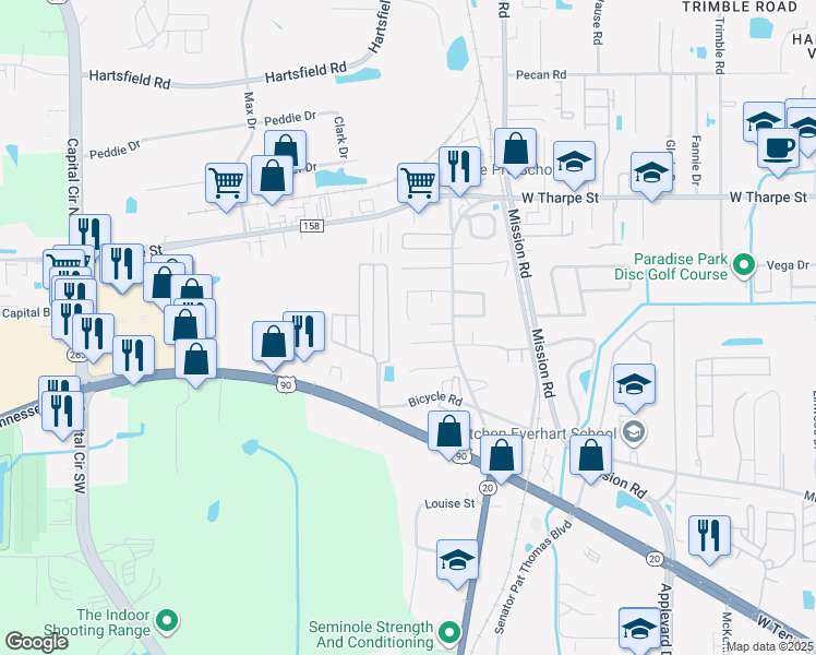 map of restaurants, bars, coffee shops, grocery stores, and more near 3212 Dian Road in Tallahassee