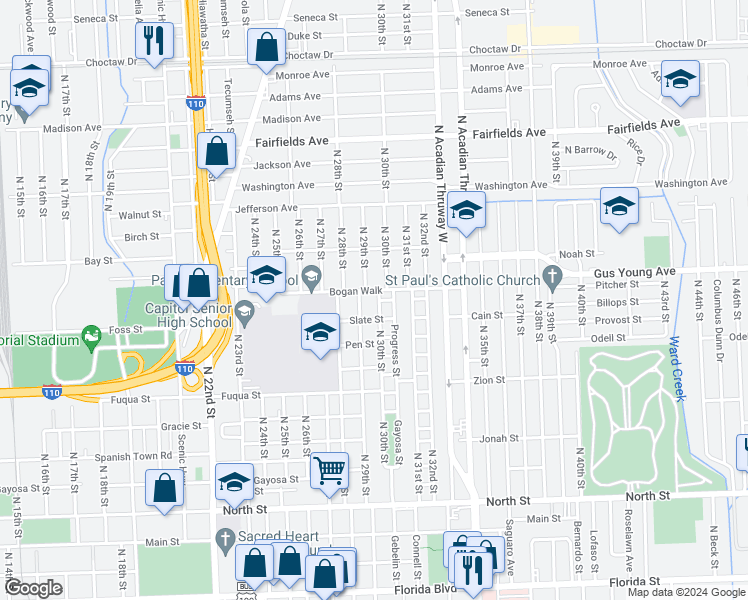 map of restaurants, bars, coffee shops, grocery stores, and more near 1305 North 30th Street in Baton Rouge