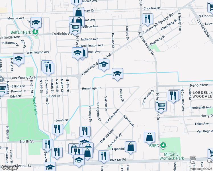 map of restaurants, bars, coffee shops, grocery stores, and more near 1348 Valcour Drive in Baton Rouge