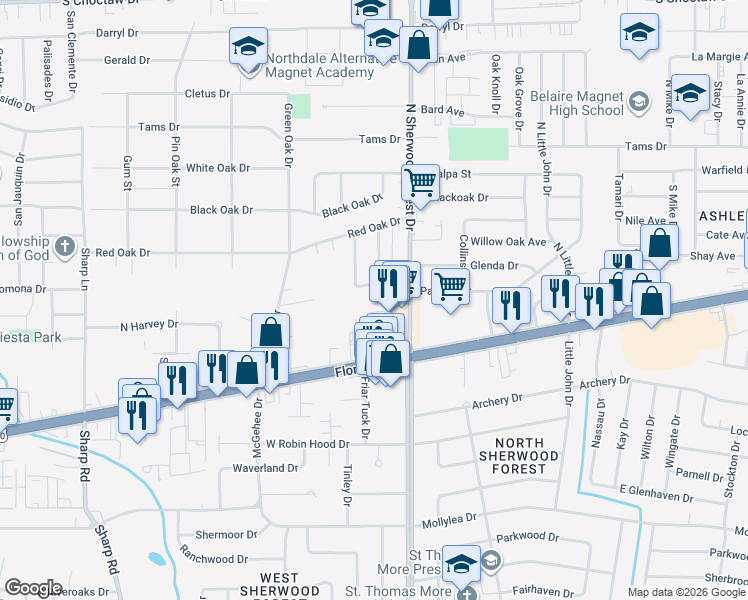 map of restaurants, bars, coffee shops, grocery stores, and more near 1313 North Sherwood Forest Drive in Baton Rouge