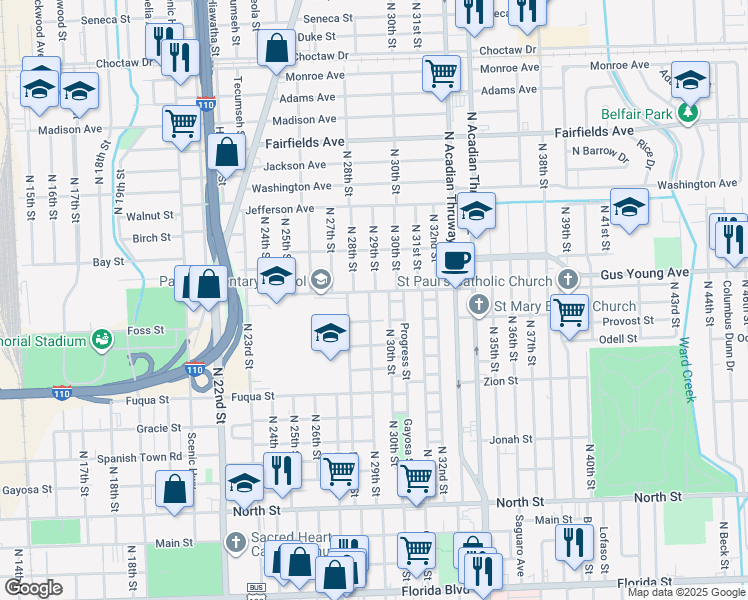 map of restaurants, bars, coffee shops, grocery stores, and more near 1308 North 29th Street in Baton Rouge