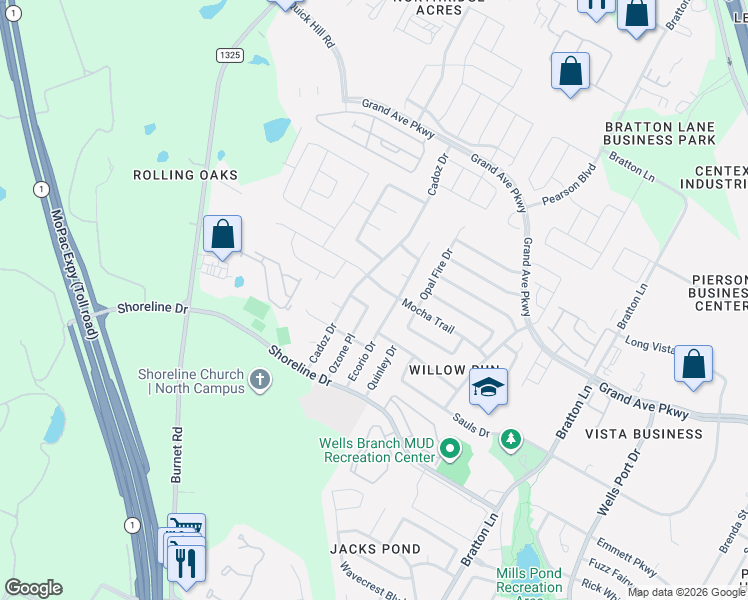 map of restaurants, bars, coffee shops, grocery stores, and more near 15525 Ozone Place in Austin
