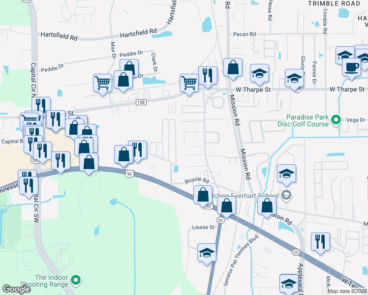 map of restaurants, bars, coffee shops, grocery stores, and more near 3212 Dian Road in Tallahassee