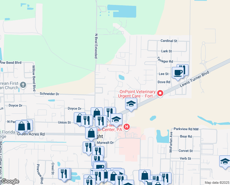 map of restaurants, bars, coffee shops, grocery stores, and more near 1400 Ariel Lane in Fort Walton Beach