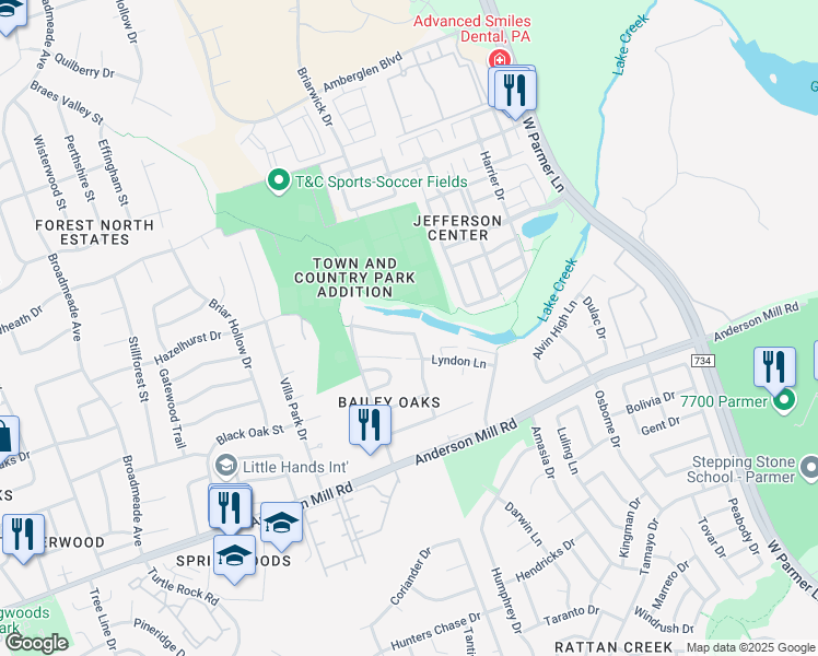 map of restaurants, bars, coffee shops, grocery stores, and more near 13331 Water Oak Lane in Austin
