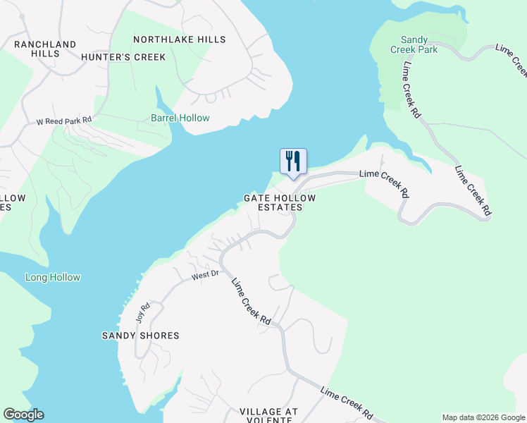 map of restaurants, bars, coffee shops, grocery stores, and more near 8512 Lime Creek Road in Volente