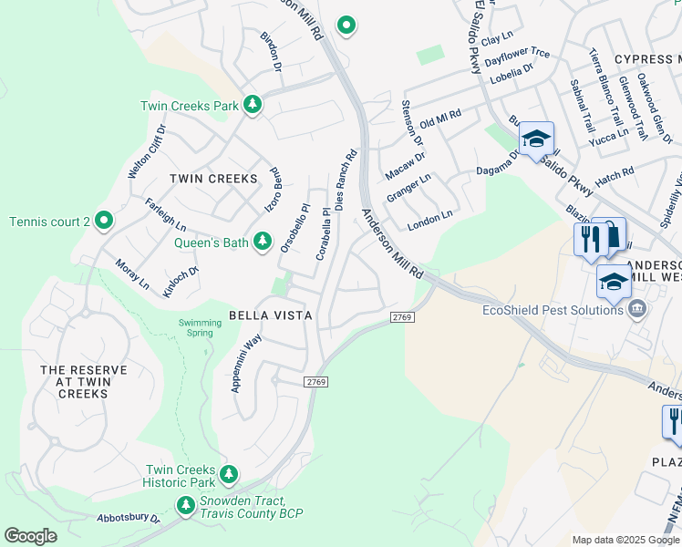 map of restaurants, bars, coffee shops, grocery stores, and more near Cashell Wood Drive in Cedar Park
