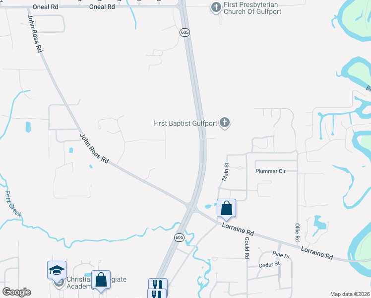 map of restaurants, bars, coffee shops, grocery stores, and more near Mississippi 605 in Gulfport