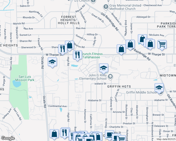 map of restaurants, bars, coffee shops, grocery stores, and more near 1505 West Tharpe Street in Tallahassee