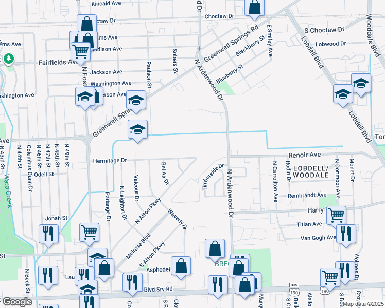map of restaurants, bars, coffee shops, grocery stores, and more near 5755 Hermitage Drive in Baton Rouge