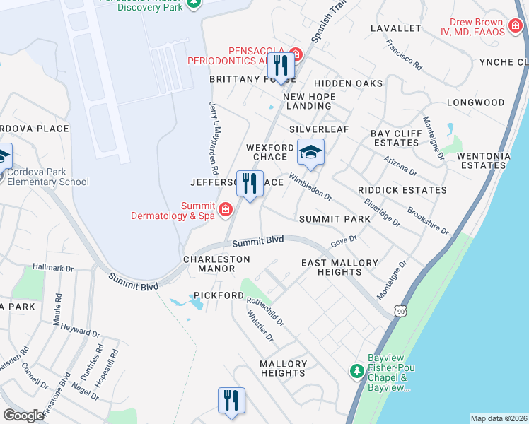 map of restaurants, bars, coffee shops, grocery stores, and more near 3940 Renoir Street in Pensacola