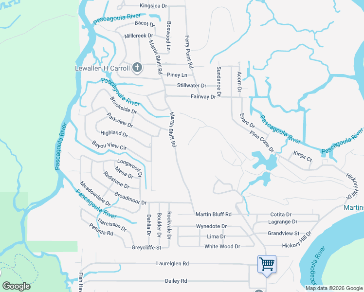 map of restaurants, bars, coffee shops, grocery stores, and more near 8314 Martin Bluff Road in Gautier