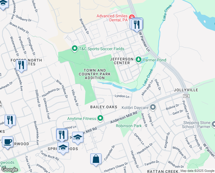 map of restaurants, bars, coffee shops, grocery stores, and more near 13331 Water Oak Lane in Austin