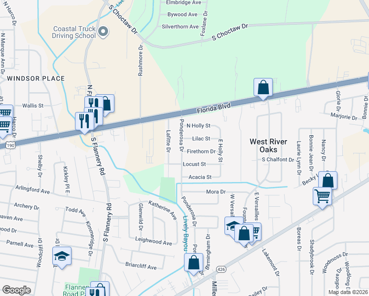map of restaurants, bars, coffee shops, grocery stores, and more near 245 Ponderosa Drive in Baton Rouge