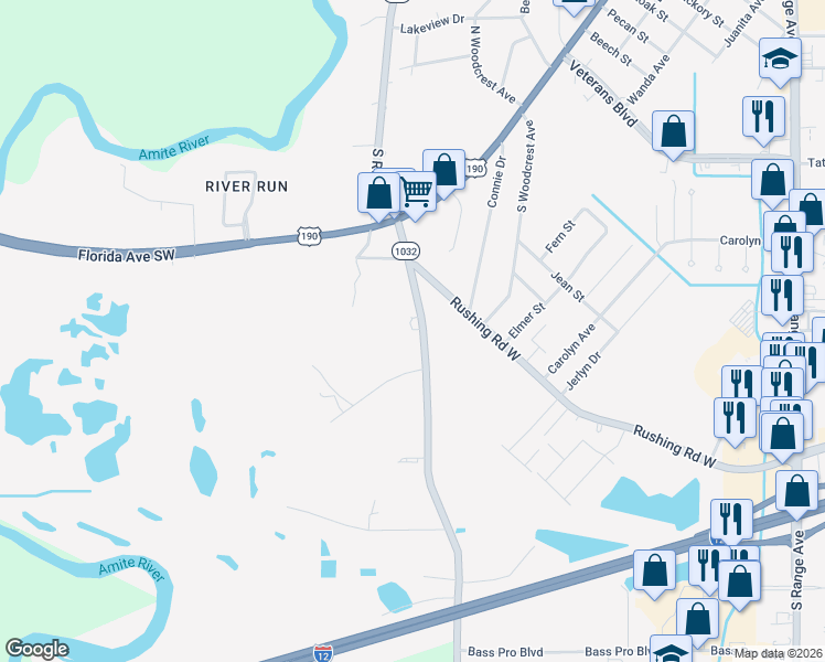 map of restaurants, bars, coffee shops, grocery stores, and more near 1582 4h Club Road in Denham Springs