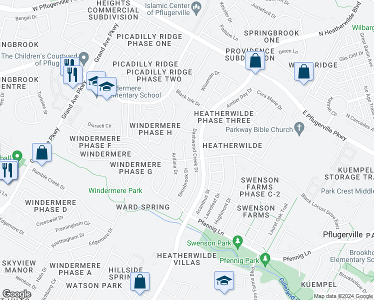map of restaurants, bars, coffee shops, grocery stores, and more near 17109 Simsbrook Drive in Pflugerville