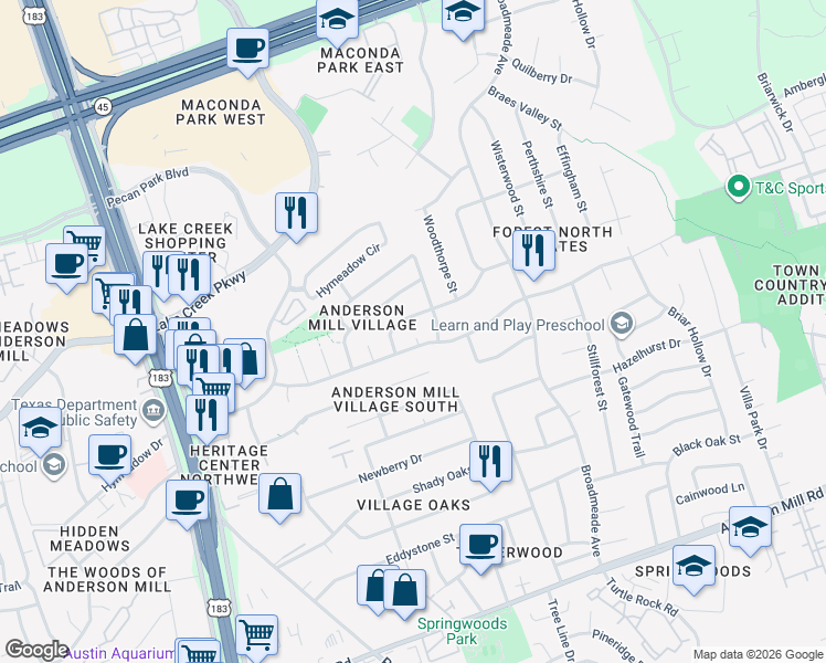 map of restaurants, bars, coffee shops, grocery stores, and more near 13006 Meadowheath Cove in Austin