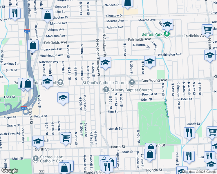 map of restaurants, bars, coffee shops, grocery stores, and more near 3415 Cain Street in Baton Rouge