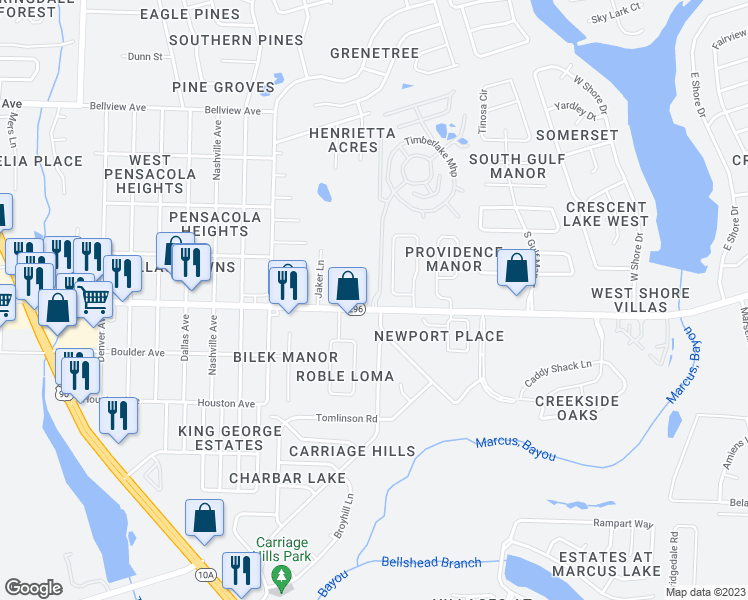map of restaurants, bars, coffee shops, grocery stores, and more near 2621 West Michigan Avenue in Pensacola