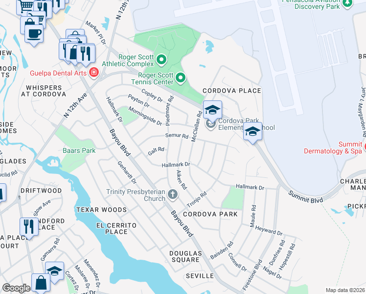 map of restaurants, bars, coffee shops, grocery stores, and more near 4170 Aiken Road in Pensacola