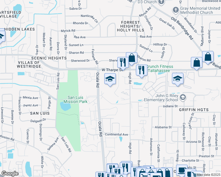 map of restaurants, bars, coffee shops, grocery stores, and more near 1717 West Tharpe Street in Tallahassee