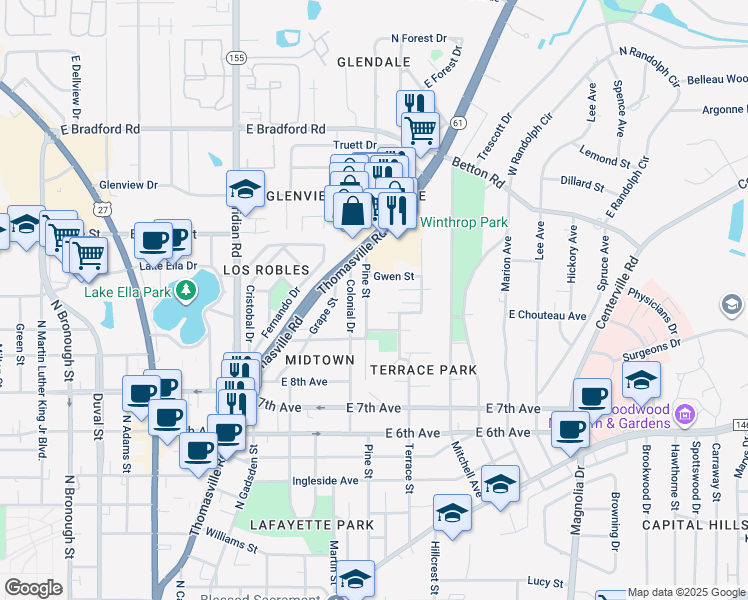 map of restaurants, bars, coffee shops, grocery stores, and more near 1509 Pine Street in Tallahassee