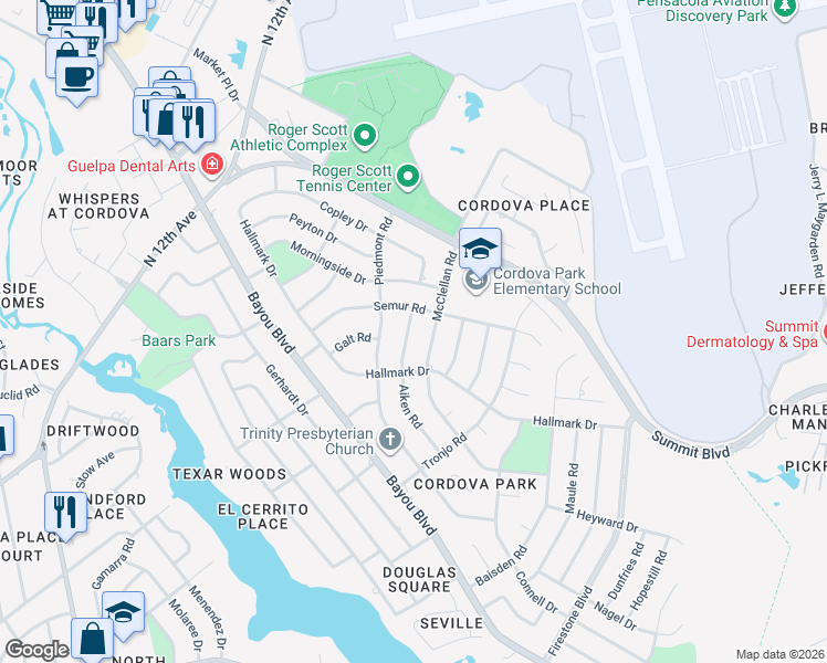 map of restaurants, bars, coffee shops, grocery stores, and more near 4141 Aiken Road in Pensacola