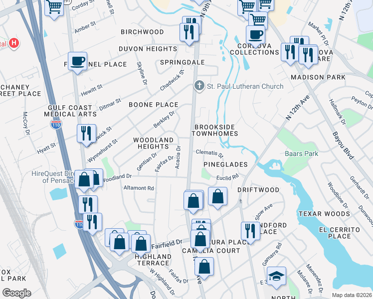 map of restaurants, bars, coffee shops, grocery stores, and more near 4300 North 9th Avenue in Pensacola