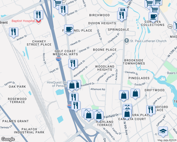 map of restaurants, bars, coffee shops, grocery stores, and more near 619 Berkley Drive in Pensacola