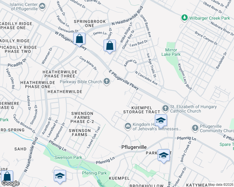 map of restaurants, bars, coffee shops, grocery stores, and more near 303 East Pflugerville Parkway in Pflugerville