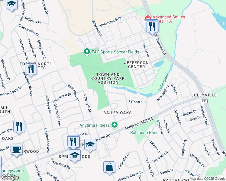 map of restaurants, bars, coffee shops, grocery stores, and more near 13348 Water Oak Lane in Austin