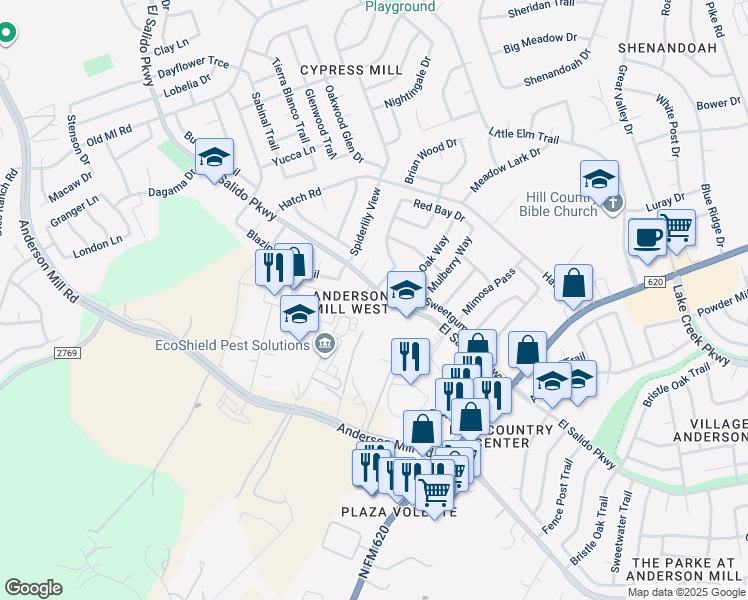 map of restaurants, bars, coffee shops, grocery stores, and more near 3307 El Salido Parkway in Cedar Park