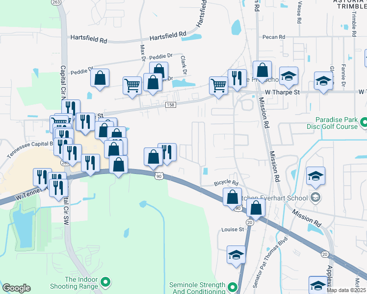 map of restaurants, bars, coffee shops, grocery stores, and more near 1954 Durham Avenue in Tallahassee