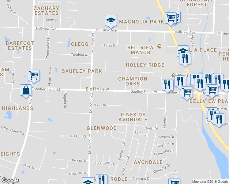 map of restaurants, bars, coffee shops, grocery stores, and more near 4815 Sharritt Lane in Bellview