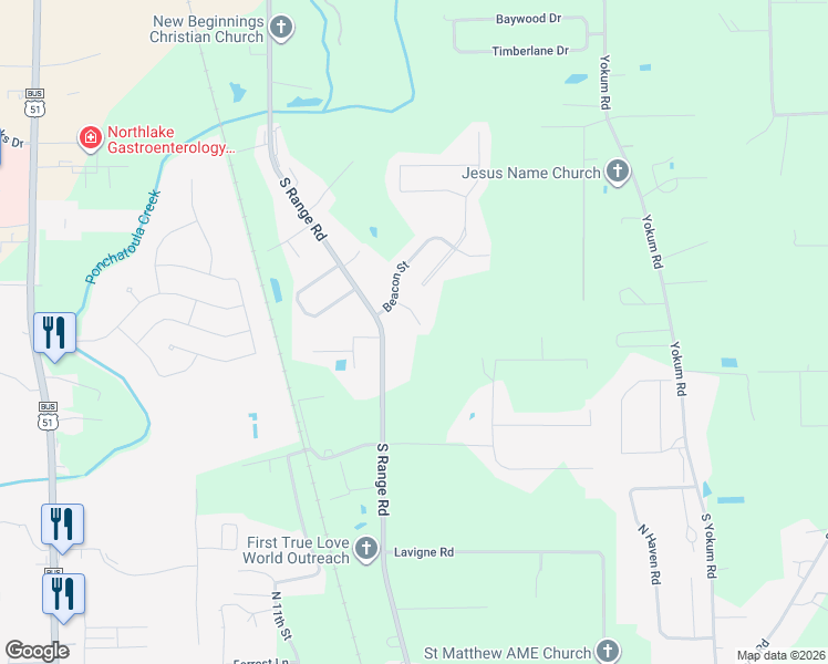 map of restaurants, bars, coffee shops, grocery stores, and more near 42175 Pimlott Street in Ponchatoula