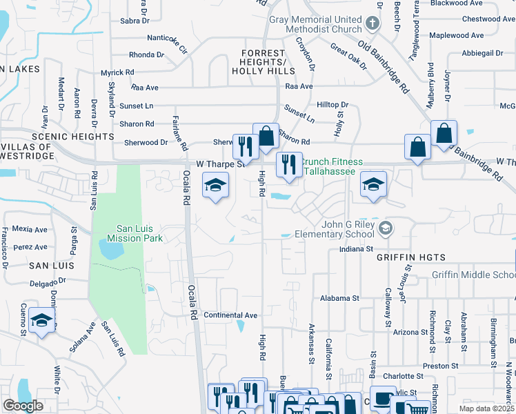 map of restaurants, bars, coffee shops, grocery stores, and more near 1401 High Road in Tallahassee