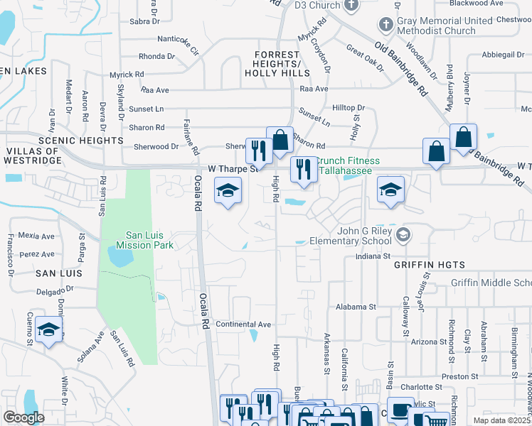 map of restaurants, bars, coffee shops, grocery stores, and more near 1401 High Road in Tallahassee