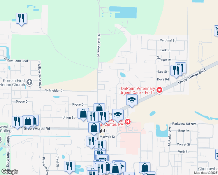 map of restaurants, bars, coffee shops, grocery stores, and more near 1512 Mariah Way West in Fort Walton Beach
