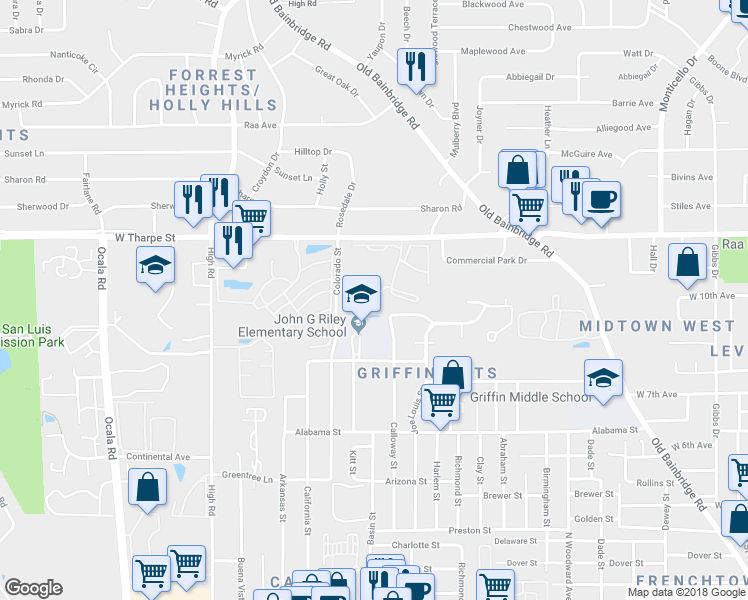 map of restaurants, bars, coffee shops, grocery stores, and more near 1400 Indiana Street in Tallahassee