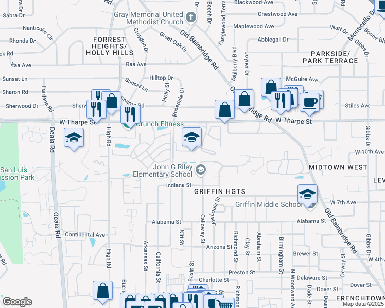 map of restaurants, bars, coffee shops, grocery stores, and more near 1400 Indiana Street in Tallahassee