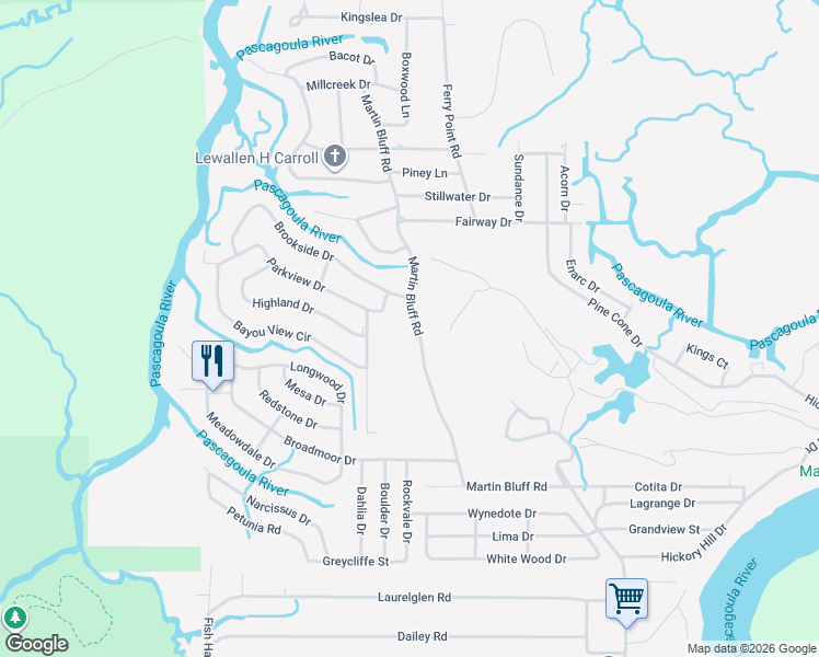 map of restaurants, bars, coffee shops, grocery stores, and more near 8314-8316 Martin Bluff Road in Gautier