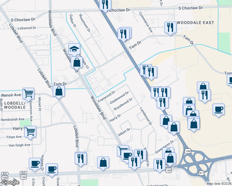 map of restaurants, bars, coffee shops, grocery stores, and more near 8171 Gladewood Drive in Baton Rouge