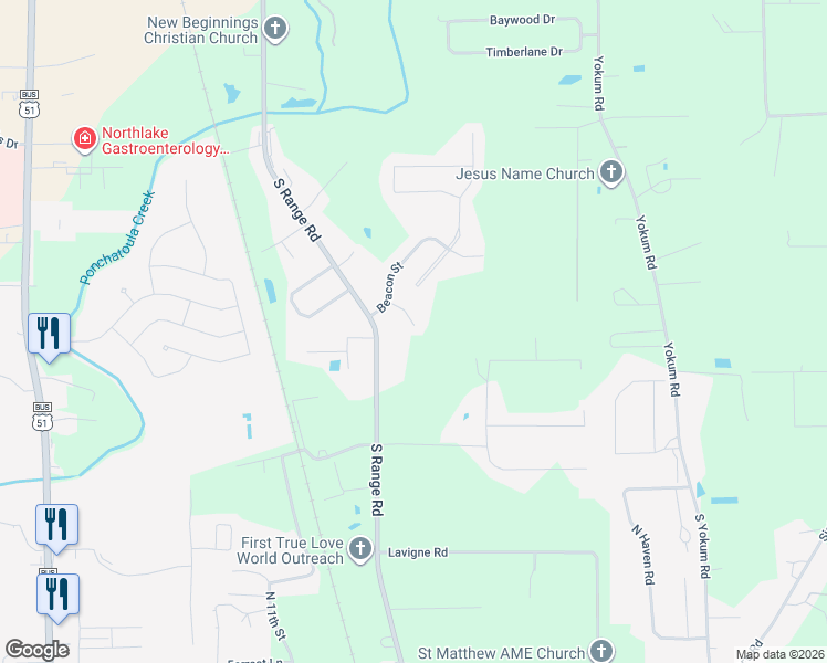 map of restaurants, bars, coffee shops, grocery stores, and more near 42175 Pimlott Street in Ponchatoula