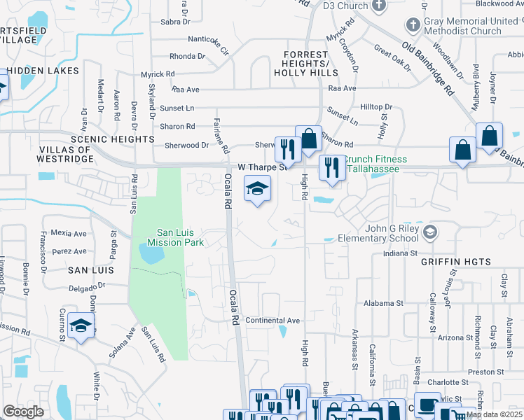 map of restaurants, bars, coffee shops, grocery stores, and more near 1717 West Tharpe Street in Tallahassee