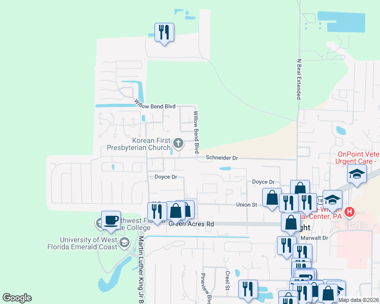 map of restaurants, bars, coffee shops, grocery stores, and more near 504 Easy Street in Fort Walton Beach