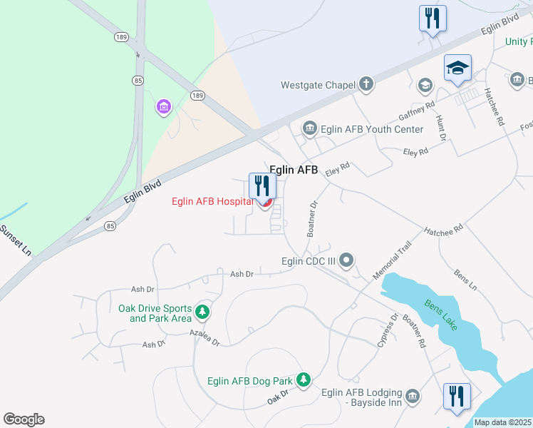 map of restaurants, bars, coffee shops, grocery stores, and more near 340 Boatner Road in Eglin Air Force Base