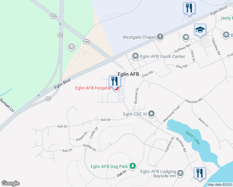 map of restaurants, bars, coffee shops, grocery stores, and more near 340 Boatner Road in Eglin Air Force Base