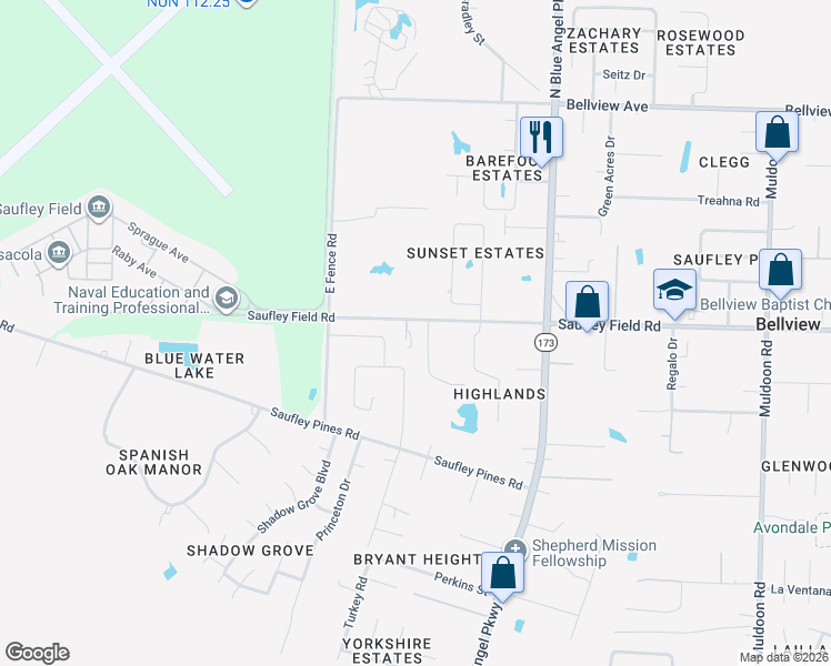 map of restaurants, bars, coffee shops, grocery stores, and more near 5675 Saufley Field Road in Bellview